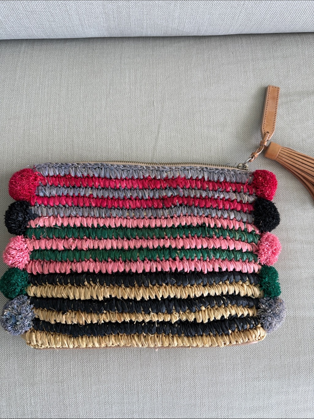 Loeffler Randall Striped Woven Clutch with Pom-Poms in Pink, Green & Black - Picture 1 of 2
